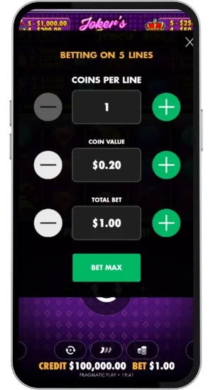 Jokers Jewels betting panel showing the stake slider set between the minimum £0.05 and maximum £100 values beneath the reels