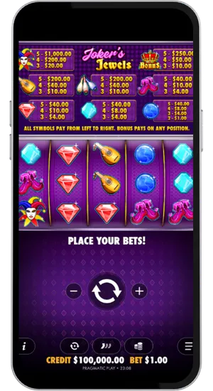Casino game lobby with Pragmatic Play filter selected and the Jokers Jewels 5-reel title visible among the search results