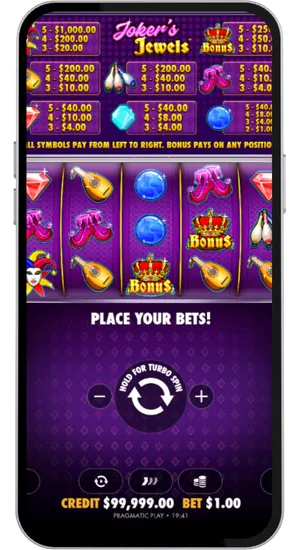 Jokers Jewels main game screen with turbo spin button and paytable