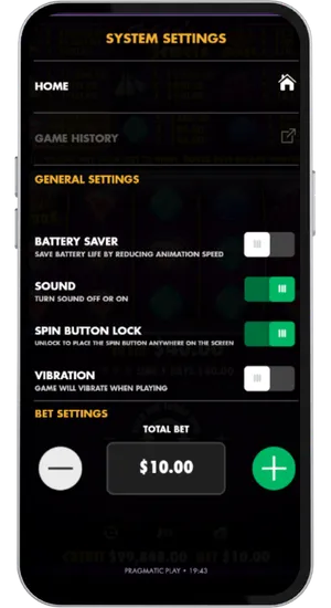 Jokers Jewels system settings menu with sound, vibration and bet controls