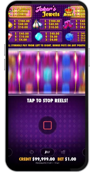 Jokers Jewels reels spinning after the Spin button is pressed with gem symbols lining up across all 20 active paylines on the 5x3 grid